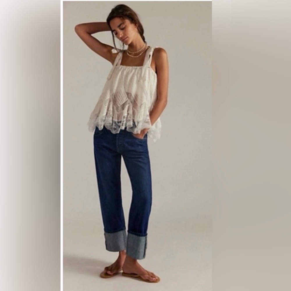 Women's Dark Blue Cuffed Jeans - Classic Straight Leg